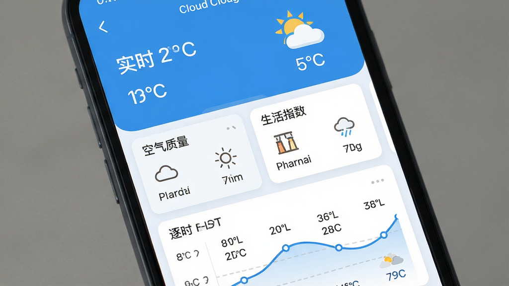 手机屏幕展示云朵天气应用主界面,上方显示实时气温与天气图标,中部排列空气质量与生活指数卡片,下方为逐小时预报曲线,整体布局清晰,扁平化设计风格,蓝色清爽色调,细节精致,画质干净高清,无多余元素