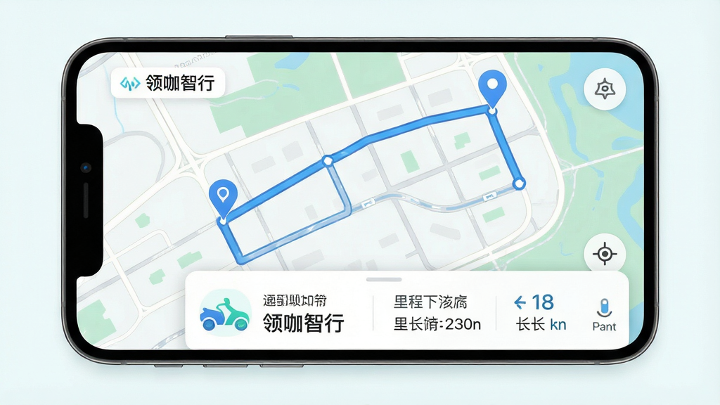 ���ܵ綯�����й켣��ͼ����չʾ������Ϊ�ֻ���Ļ�еĵ�ͼ·�ߣ�����Ϊ��ͼռ����Ļ���ײ������������ݿ�Ƭ���Ű�������η��������Ϊ����ǳɫϵ��ͼ���ϸ�ڰ�����ɫ�켣�ߡ�����յ��ǡ������ʱ�����֣����ʸ���ɾ��޶���Ԫ�أ�ͼƬ�����ֱ�ע���쿧���С�