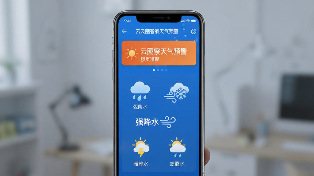 手机屏幕显示云图智察天气预警界面,主体为一部竖屏手机,布局居中,排版上方为预警横幅下方为天气图标,风格为清爽科技蓝,细节包含雨滴雪花大风图标与提醒文字“强降水提醒”,画质高清干净无多余元素