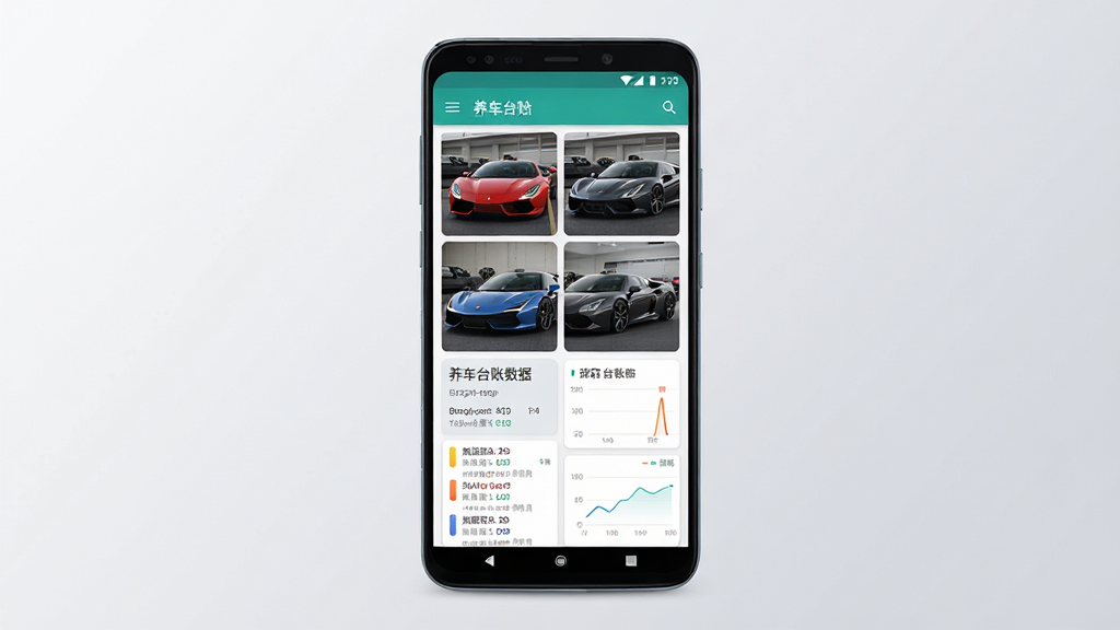 Boogu-Image 生成一张手机应用界面展示图,主体为一部竖屏安卓手机,屏幕内显示汽车壁纸图集网格与养车台账数据卡片,布局为居中手机正面展示,背景浅灰渐变,风格清爽科技感,细节包含超跑缩略图、加油记录条目与油耗曲线小图,画质高清,干净,无多余元素