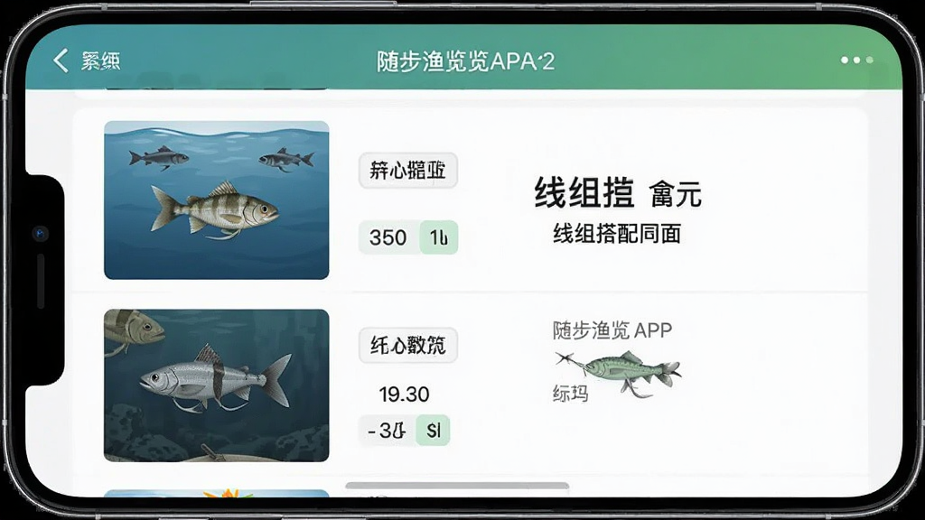 随步渔览APP线组搭配界面截图,主体为手机屏幕展示线组方案列表,布局上下分层清晰,排版左图右文,风格简约清爽,细节包含鱼种图标与参数标签,画质高清干净无多余元素