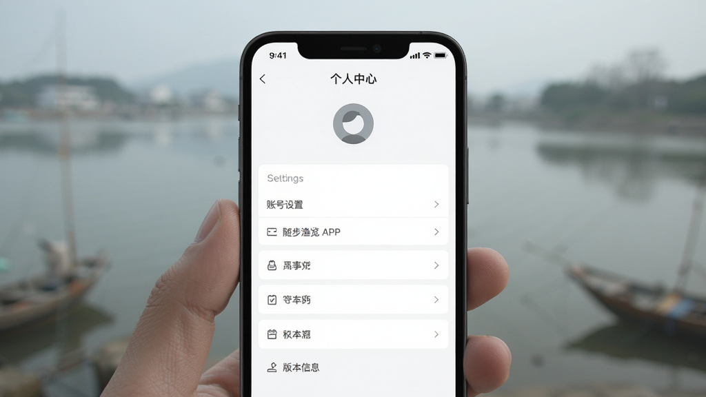 随步渔览APP个人中心页面,主体为手机屏幕展示账号设置与版本信息,布局纵向列表排列,排版清晰留白充足,风格素雅极简,细节包含头像图标与设置选项,画质高清干净无多余元素