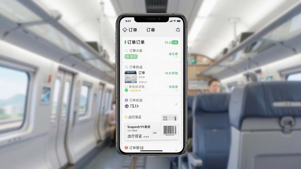 火车高铁一键查订单管理页面预览图,手机屏幕显示订单列表与出行凭证,主体为智能手机,布局居中对齐,排版清晰,风格清爽简约,细节包含订单状态标签与凭证缩略图,画质清晰,干净,无多余元素
