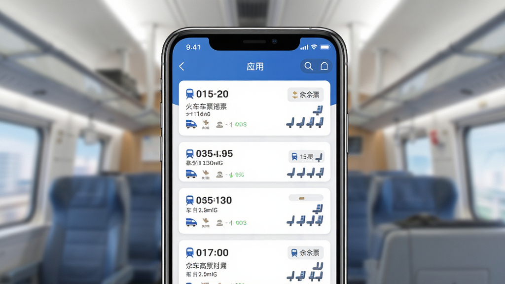 火车高铁一键查应用界面展示,手机屏幕中呈现车次列表与余票信息,主体为一部智能手机,布局居中,排版简洁,风格现代扁平化,细节包括清晰的车次卡片与座位类型图标,画质高清,干净,无多余元素
