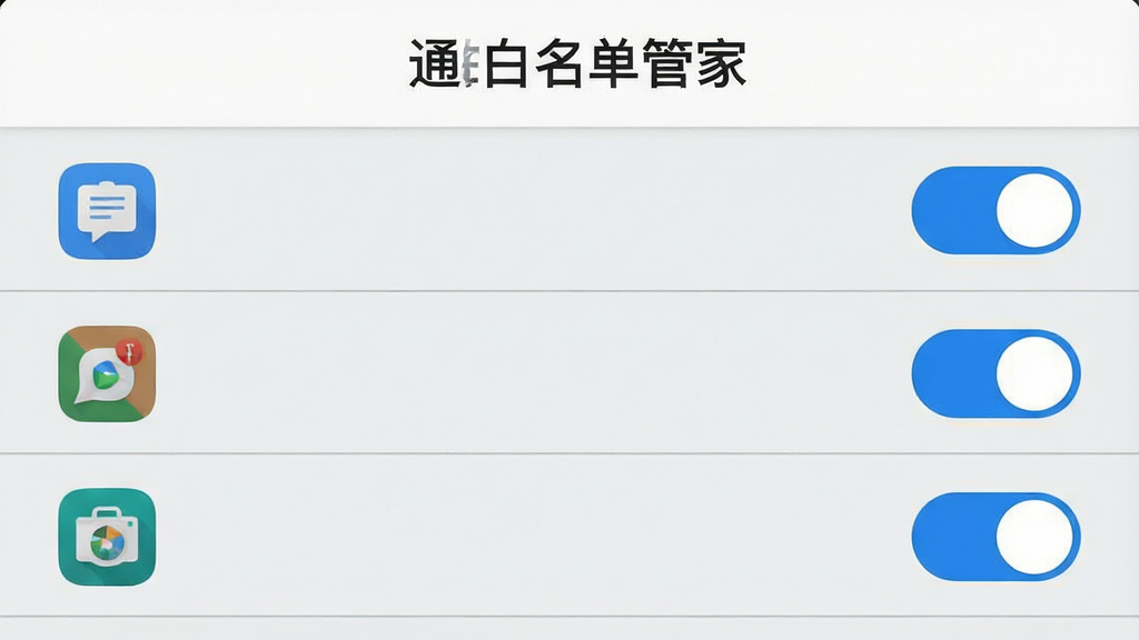 通知白名单管家应用主界面展示,主体为手机屏幕内应用列表与白名单开关布局,左侧为应用图标列表,右侧为开启关闭开关,顶部标题栏写“通知白名单管家”字样,排版简洁清晰,风格为扁平化实用工具风,细节包含浅灰背景、蓝色开关高亮、列表分隔线,画质清晰干净无多余元素