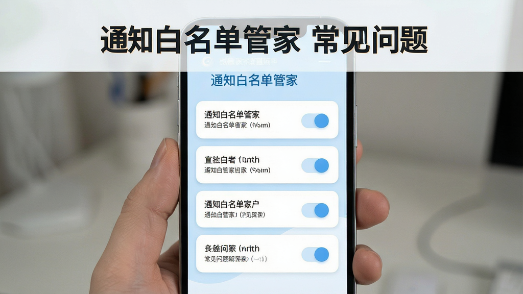 通知白名单管家常见问题解答场景图,主体为手机屏幕显示问答列表与设置开关,布局为上下结构,上方标题“通知白名单管家 常见问题”,下方为问答条目与开关示意,排版整齐,风格清爽浅色系,细节包含浅蓝背景、圆角卡片、白色文字区,画质清晰干净无多余元素