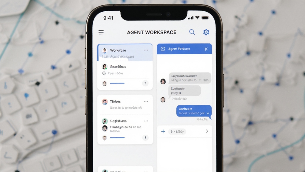 �ֻ���Ļչʾ Agent Workspace Ӧ�ý��棬����Ƭ��Ի����ڲ��Ų��֣�����ɫ��������ɫ��׺����ƽ����Ʒ�񣬽����������������ʸɾ����޶���Ԫ��