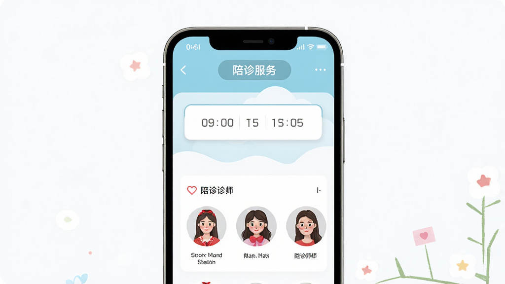 小红帽陪诊软件界面展示,主体为手机屏幕中显示陪诊服务下单页面,布局居中,排版简洁,风格清新明亮,细节包含时间选择按钮和陪诊师头像列表,画质清晰干净无多余元素