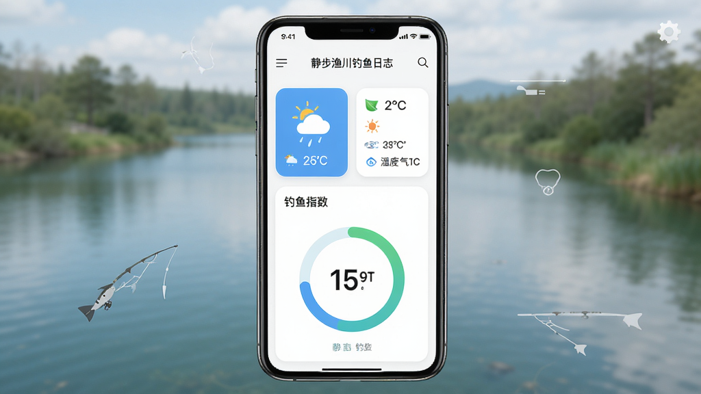 手机应用界面展示静步渔川钓鱼日志页面,主体为手机屏幕,布局居中,排版清晰,风格简约清新,细节包含天气图标、温度湿度气压数据卡片、钓鱼指数圆环,画质高清,干净,无多余元素