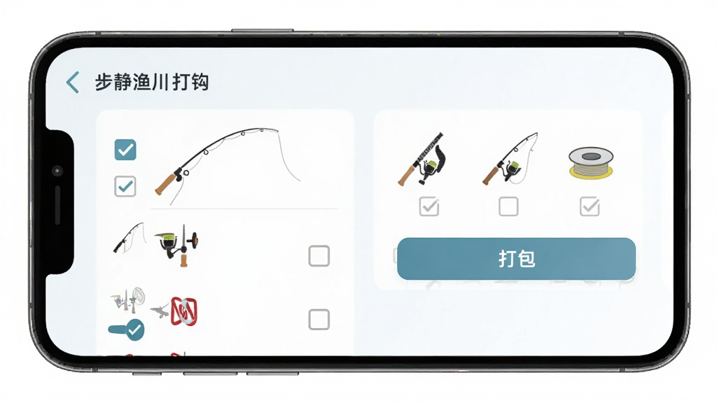 静步渔川应用装备管理界面,主体为手机屏幕显示鱼竿鱼线鱼钩分类列表,布局左右分栏,排版整齐,风格清爽浅色,细节包含复选框、装备图标、打包按钮,画质清晰,干净,无多余元素