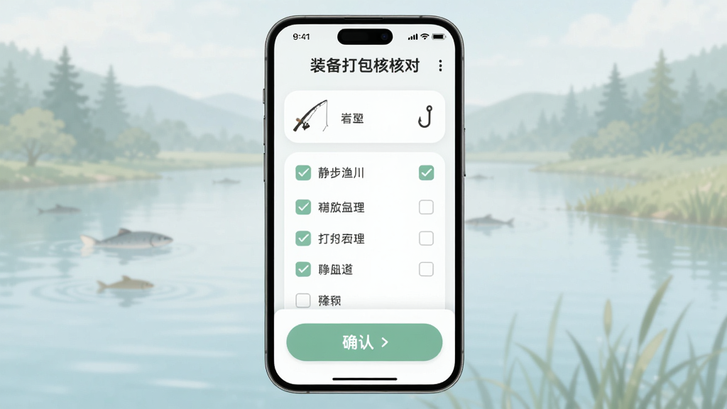 静步渔川装备打包核对清单界面,主体为手机屏幕显示分类勾选列表与打包按钮,布局上下结构,排版清晰,风格柔和圆角,细节包含鱼竿鱼钩图标、复选框、确认按钮,画质高清,干净,无多余元素