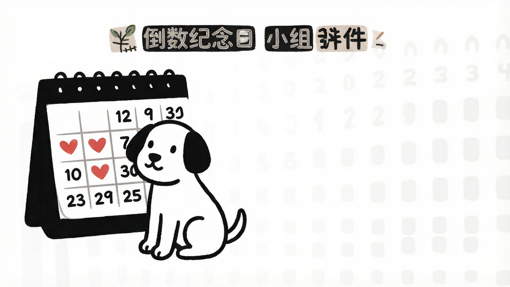 主体是一只简约黑白线条小狗坐在日历前,布局为左图右文,排版上方放置“倒数纪念日小组件”标题,风格为治愈系极简插画,细节包含日历上标注红心与倒计时数字,画质清晰干净无多余元素
