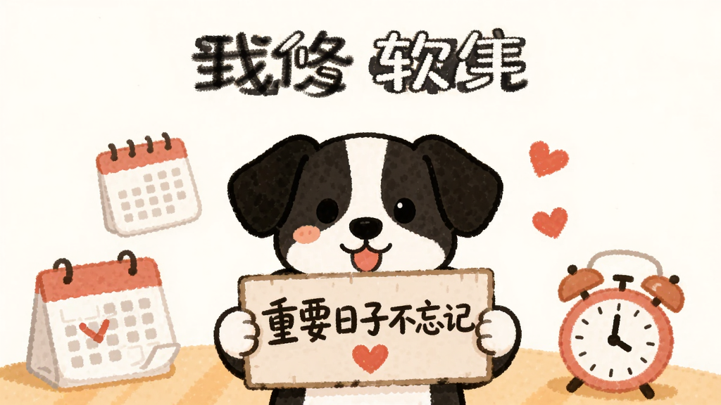 主体是一只黑白小狗举着写有“重要日子不忘记”的牌子,布局为居中构图,排版上方留白放置软件名称,风格为简约治愈系插画,细节包含日历、闹钟与红心元素,画质清晰干净无多余元素