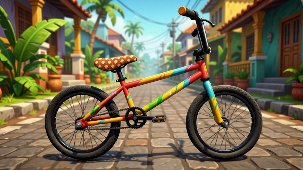 ��������Ϊһ��ɫ�����޵�BMX���г�ͣ��ӡ�������Ƿ��ֵ��ϣ��������ȴ�ֲ�����ɫ����������Ϊ���г�����ǰ�����ֵ���Զ�����죬�Ű���ú����Ϸ����ͼ���ϸ�ڰ�������Ϳװ������������·��שʯ�ʸУ����������ɾ����޶���Ԫ�ء�