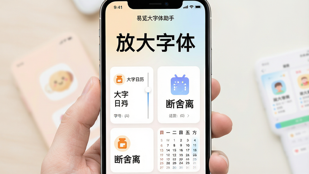 手机屏幕竖版布局,中央展示“易览大字体助手”应用主界面,上方大字标题“放大字体”,下方排列药品记录、大字日历、断舍离三个功能卡片,卡片采用大号字体和清晰图标,背景为浅色柔和渐变,整体排版简洁干净,风格为现代实用工具类App界面,细节包含字号调节滑杆与日历缩略图,画质清晰,无多余元素