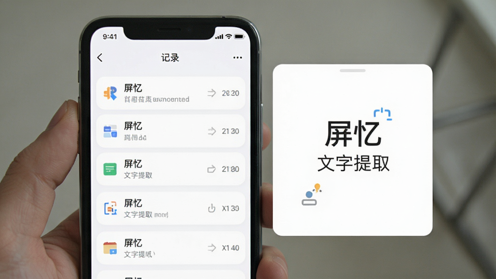 手机屏幕显示屏忆应用界面,中央为记录列表,右侧有文字识别提取弹窗,简洁卡片式布局,浅色背景,扁平化设计风格,界面文字标注