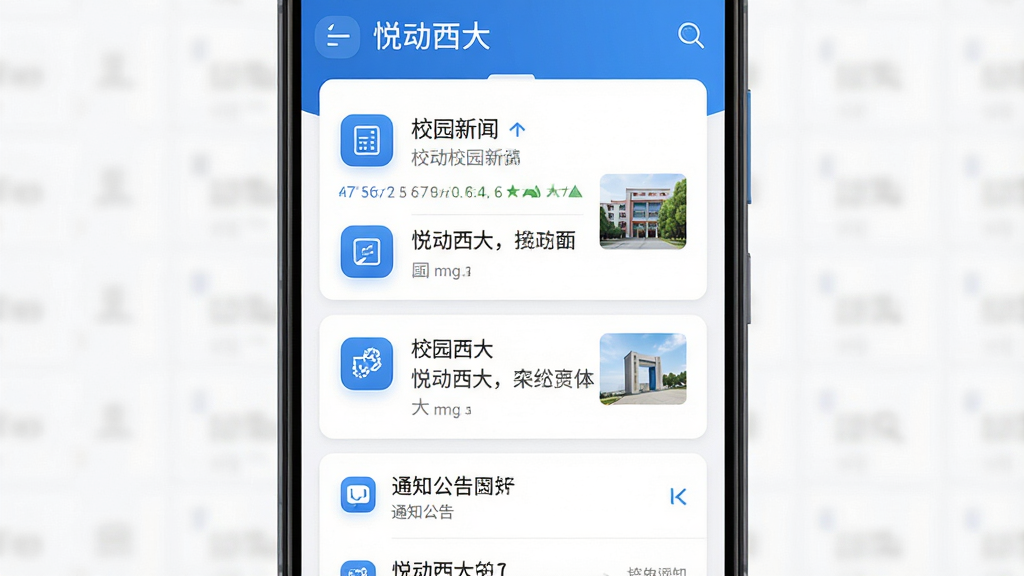 手机屏幕展示校园资讯列表界面,主体为一部竖屏安卓手机,布局居中,上方为校园新闻卡片,下方为通知公告栏,排版整齐清晰,风格简约现代,细节包括蓝色主色调图标与白色背景,画质高清干净无多余元素,屏幕中显示文字“悦动西大”