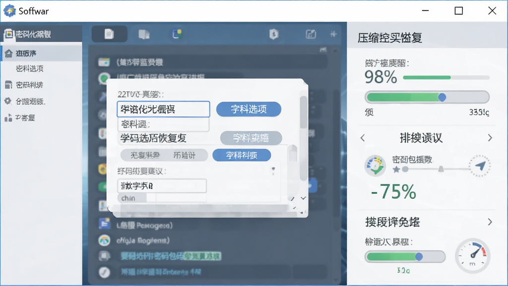 压缩包密码恢复工具功能示意图,主体为软件操作界面与进度反馈面板,布局左右分栏,排版规整,风格扁平化商务,细节包含字典选项按钮和进度百分比,画质高清干净无多余元素