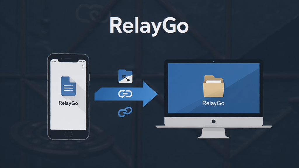 RelayGo 软件主界面展示,画面中央是手机与电脑之间用箭头连接表示信息互传,布局简洁清晰,排版居中,风格为扁平化科技风,细节包含文本图标、链接图标和文件图标,画质高清,画面干净,无多余元素