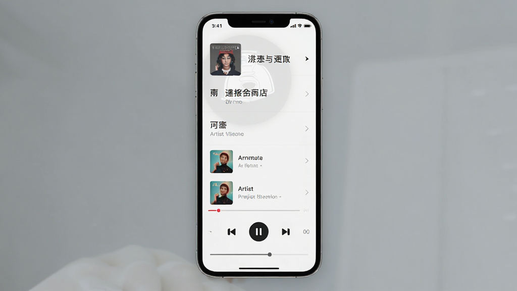 手机屏幕显示本地音乐播放器曲库列表,主体为居中悬浮的手机界面,布局上方是专辑封面与歌曲名称,下方为播放控制按钮和进度条,排版简洁纵向排列,风格为清爽浅色扁平化设计,细节包含专辑缩略图、艺术家文字、播放暂停图标,画质高清干净无多余元素
