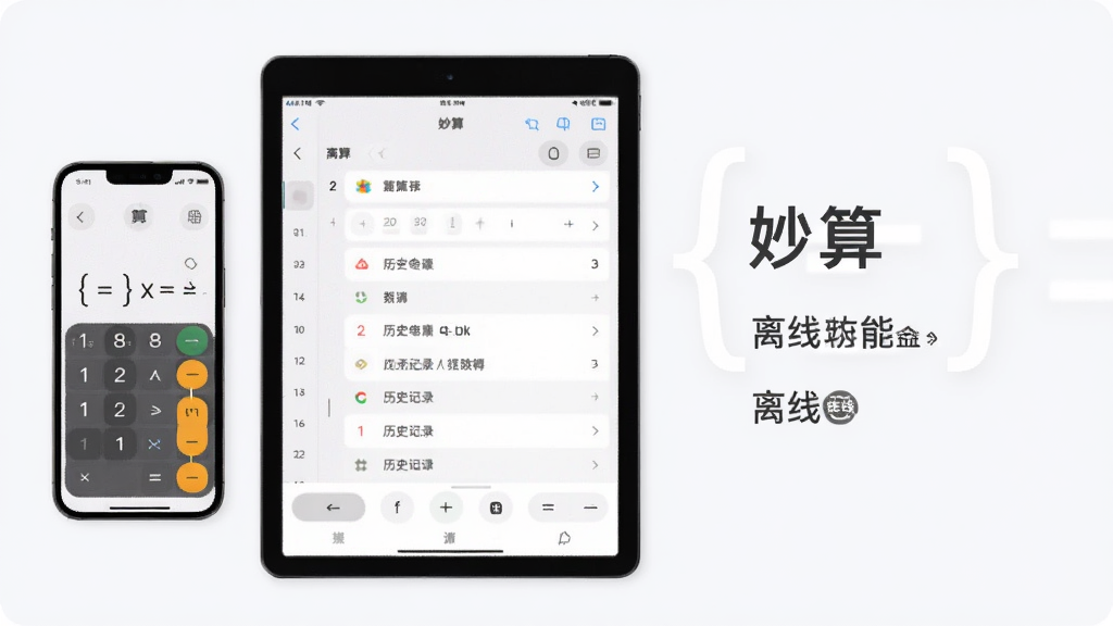 软件名称“妙算”,主体为手机与平板双设备展示计算界面,布局为左右分屏展示,排版为左侧设备右侧功能说明文字,风格为简约商务浅色系,细节包括括号运算符、历史记录列表、离线标识,画质清晰干净无杂乱元素