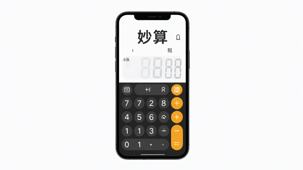 软件名称“妙算”,主体为一部手机屏幕显示简洁计算器界面,布局为居中展示手机与界面细节,排版为上方标题下方功能按键区,风格为清爽扁平化科技风,细节包括数字按键、运算符、历史记录图标,画质高清干净无多余元素