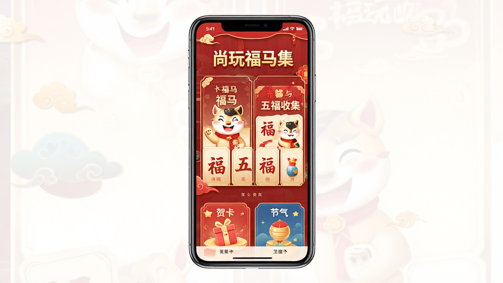 主体为手机屏幕展示尚玩福马集应用首页,布局为居中手机正视图,排版上方为应用名称“尚玩福马集”标题,中间为福马打卡与五福收集界面,下方为贺卡与节气入口,风格为国风喜庆红金配色,细节包含福马卡通形象、五福卡片、节气图标,画质清晰干净无多余元素