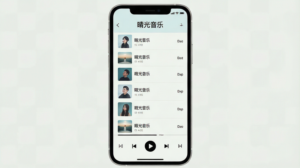 手机屏幕展示简洁音乐播放器界面,顶部显示“晴光音乐”文字,中部为歌曲列表,底部为播放控制栏,浅色背景,扁平化设计,布局清晰,风格清爽,细节干净,高清画质,无多余元素