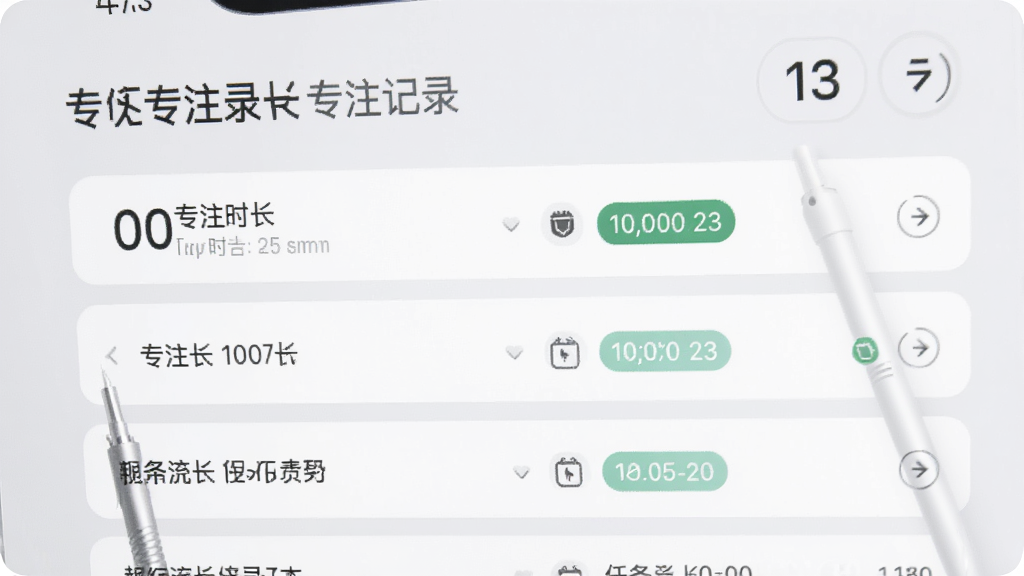 专注时光应用专注记录页面,列表展示每日专注时长与任务标签,浅灰色背景,卡片式布局,简洁商务风格,文字清晰,画面干净