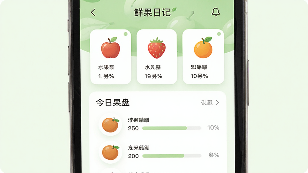 主体为一部手机展示鲜果日记应用界面,布局为上方水果图鉴卡片下方今日果盘列表,排版简洁居中,风格清新浅绿色调,细节包含苹果草莓橙子等水果图标与数据条,画质高清干净无多余元素