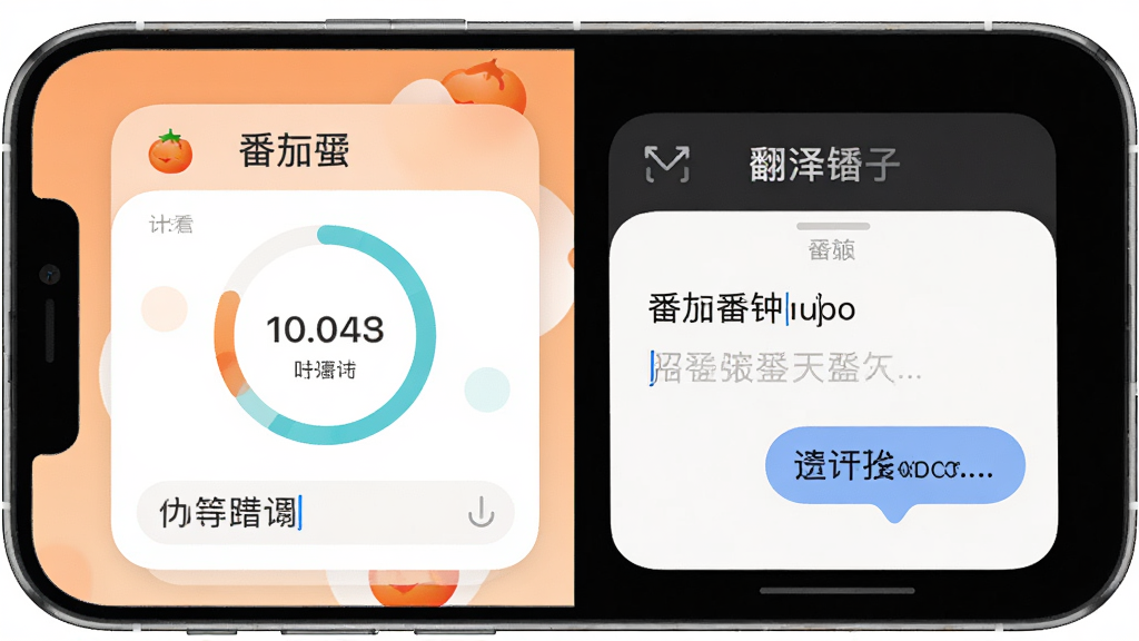 手机应用番茄钟与翻译功能展示图,主体为手机屏幕分屏显示计时圆环和翻译输入框,布局为左右两块功能卡片并列,排版为上方标题下方功能示意,风格为柔和圆角卡通风,细节包含番茄图标、进度圆环、文字输入框与译文气泡,画质清晰干净无多余元素