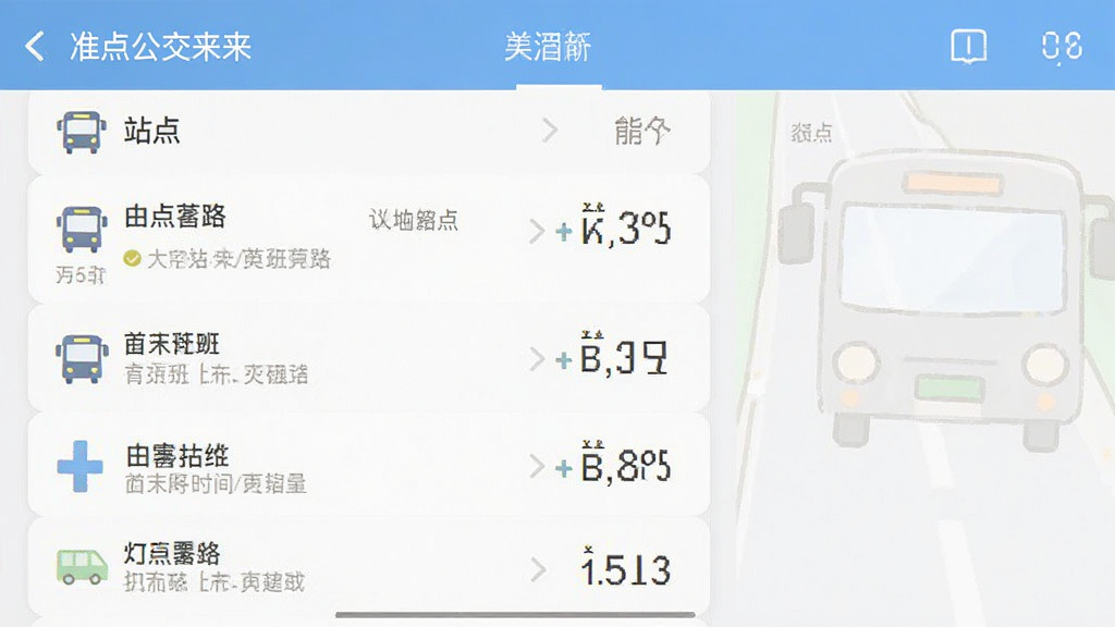 准点公交来来软件界面截图风格插画,展示公交线路站点列表与首末班时间信息,浅色背景,扁平化设计,排版整齐,细节清晰,高清画质,干净无多余元素