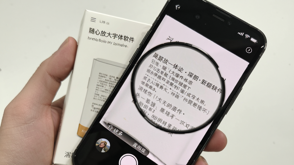手机屏幕显示随心放大字体软件拍照局部放大功能,画面中一只手拿着产品包装盒,屏幕上放大显示包装上的小字说明,界面简约清新,风格现代,细节丰富,画质干净,无多余元素