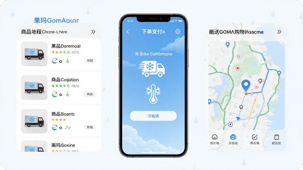 果玛GOMA购物流程示意图,主体为手机界面展示下单支付与冷链配送进度,布局为左右分栏左侧商品列表右侧配送地图,排版清晰有序,风格清新浅色,细节包含冷链车图标与温度标识,画质高清干净无多余元素