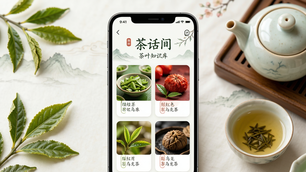 主体为手机屏幕展示“茶话间”茶叶知识库界面,布局为居中手机加左右两侧茶叶与茶具元素,排版简洁居中,风格为清新淡雅中国风,细节包含绿茶红茶乌龙茶卡片与文字标签,画质清晰干净无多余元素