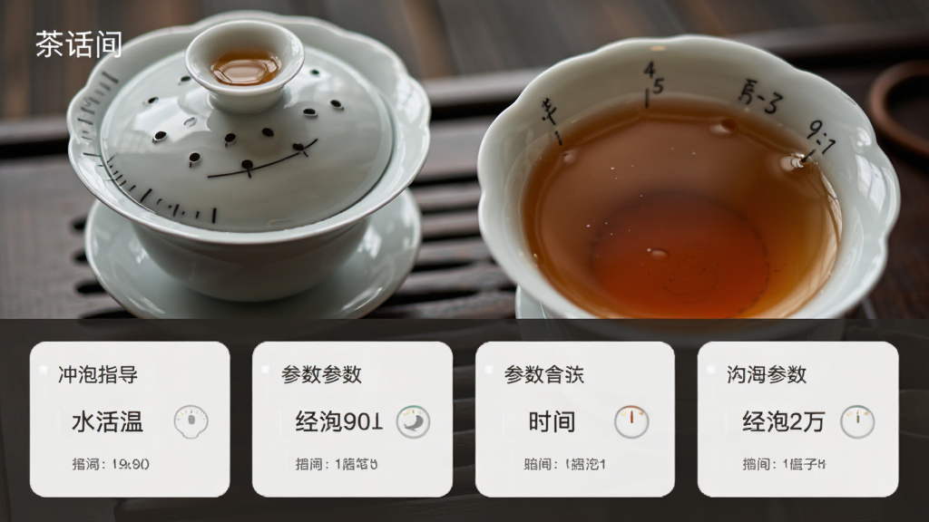 主体为“茶话间”冲泡指导页面,布局为上方盖碗与茶汤特写、下方参数卡片,排版上下结构清晰,风格为素雅极简,细节包含水温刻度与时间提示,画质高清干净无多余元素