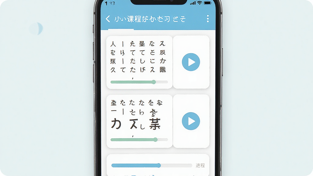 主体为一款日语学习手机应用界面,布局为顶部课程标题与中部假名卡片列表,排版整齐清晰,风格为清新日系扁平化,细节包含五十音图卡片、播放按钮与进度条,画质高清,画面干净,无多余元素
