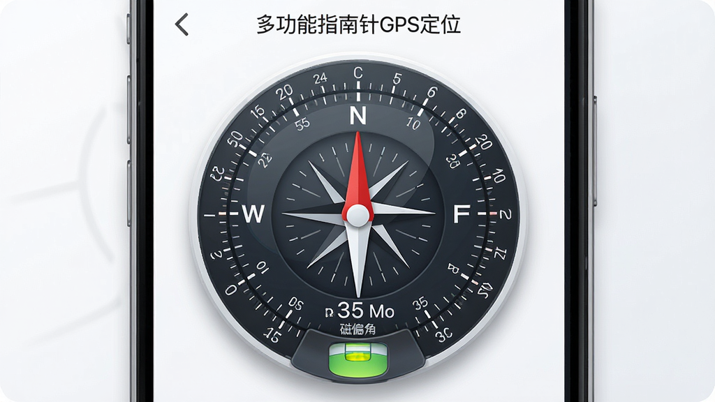 һ����Ϊ���๦��ָ����GPS��λ�����ֻ�Ӧ�ý��棬����ΪԲ��ָ������̣����ָ��ָ�򱱷���������Ȧ��ע�����붫�������������·���ʾ��ƫ����ֵ��ˮƽ�����ݣ����岼�־��жԳƣ��Ű��࣬���Ϊ��ˬ�Ƽ��У�ϸ�ڰ���ϸ��Ŀ̶����������Ӱ�����ʸ��壬�ɾ����޶���Ԫ��