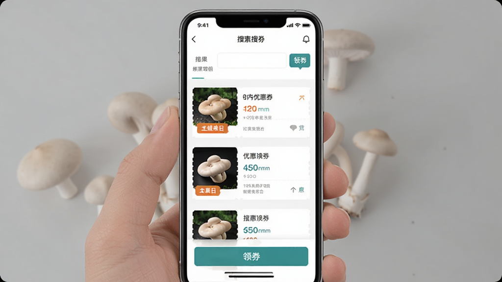 主体为小白菇应用内优惠券搜索结果页面,布局为手机屏幕特写居中,排版展示商品列表和领券按钮,风格为清爽UI界面写实风,细节包括优惠券面额标签和商品缩略图,画质高清干净无多余元素