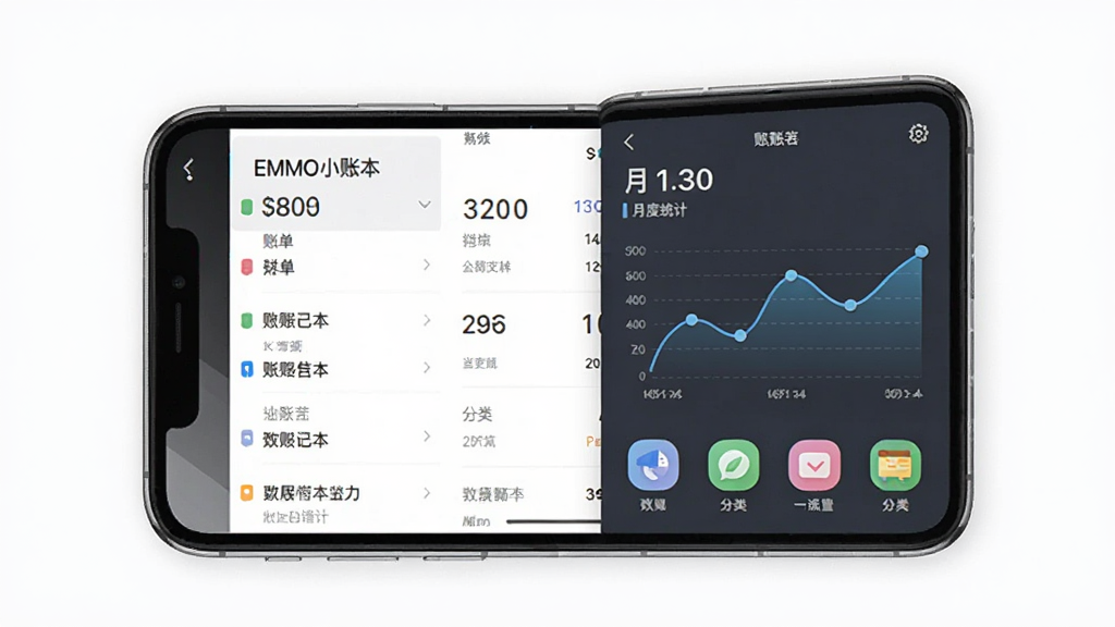 EMMO小账本软件界面展示,手机屏幕中显示简约记账首页与月度统计图表,主体为一部竖放的智能手机,布局居中,排版干净,风格为清新简约扁平化设计,细节包含账单列表、折线图、分类图标,画质清晰,画面干净,无多余元素