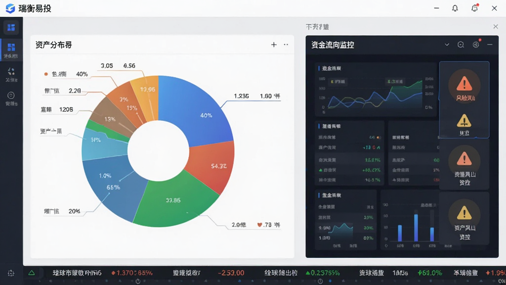 瑞衡易投软件界面展示,主体为资产分布大盘图表与资金流向监控面板,布局居中对称,排版清晰有序,风格为简约商务科技风,细节包含多线程看板、风险预警图标与全球市场数据滚动条,画质高清,画面干净,无多余元素