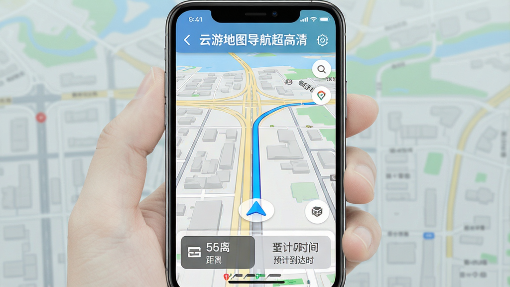 手机屏幕显示“云游地图导航超高清”的高清地图界面,画面中央是清晰的城市道路与蓝色导航路线,底部有距离和预计到达时间信息栏,整体布局简洁,现代扁平化UI风格,细节干净,画质清晰,无多余元素