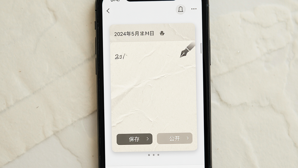 手机屏幕显示写信界面,主体为居中排版的信件卡片,布局上方为日期与收信人栏,中间为正文书写区,下方为保存与公开按钮,排版简洁留白充足,风格安静文艺米白色调,细节包含信纸纹理与钢笔图标,画质清晰干净无多余元素