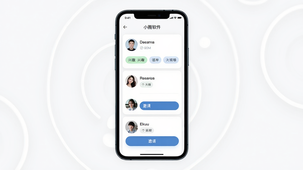 小圈软件同城约会邀请界面展示,主体为手机屏幕内约会卡片列表,布局居中对齐,排版简洁清晰,风格现代清新,细节包含头像、兴趣标签与邀请按钮,画质高清,干净,无多余元素