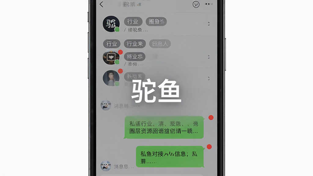 驼鱼APP圈层资源对接界面截图风格,画面展示手机屏幕内圈层列表与私信对话气泡,中央位置标注“驼鱼”文字,主体为竖屏手机,布局上下结构,排版清晰,风格简约商务,细节包括行业标签与消息红点,画质清晰,干净,无多余元素
