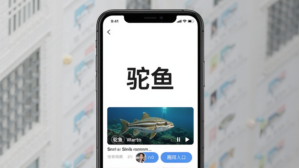 手机屏幕展示驼鱼APP首页短视频列表界面,画面中央是“驼鱼”软件名称文字,主体为一部竖屏手机,布局居中,排版简洁,风格现代商务,细节包括短视频缩略图与圈层入口按钮,画质清晰,干净,无多余元素