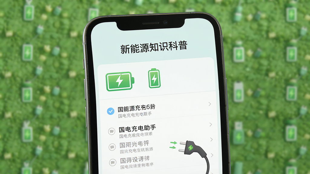手机应用界面展示“新能源知识科普”栏目,主体为手机屏幕,布局上下分栏,排版整齐,风格清新浅色,细节包含电池图标、问答列表、充电插头插画,画面中出现“国电充电助手”字样,画质高清干净无多余元素