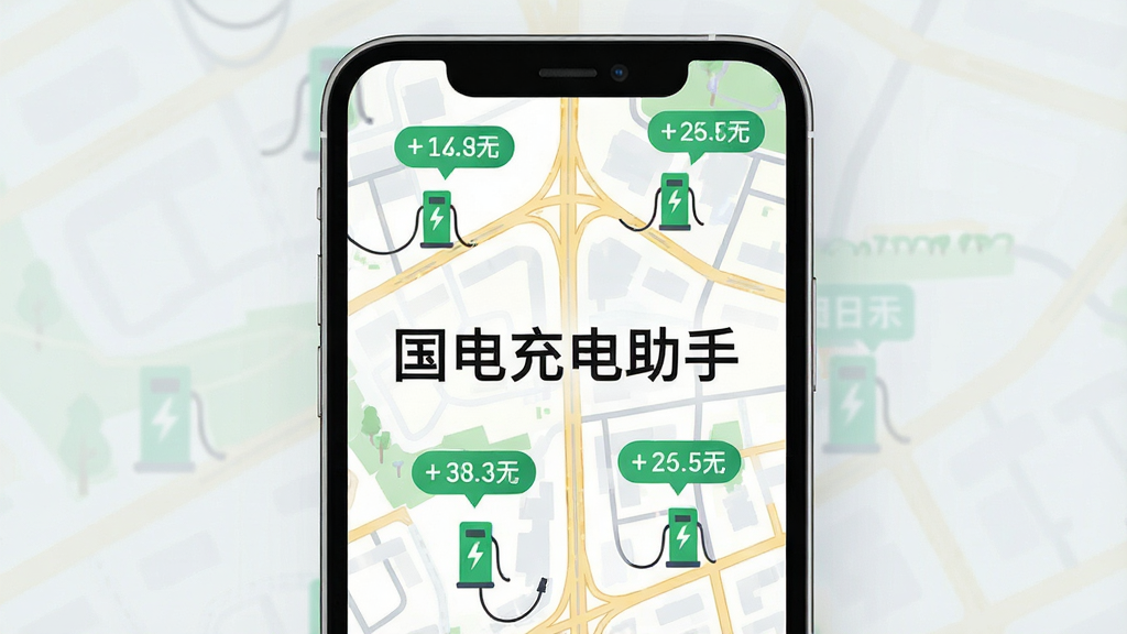 手机屏幕显示城市地图,地图上标注多个绿色充电桩图标,画面中央有“国电充电助手”文字,主体突出手机界面,布局简洁居中,排版清晰,风格为扁平化科技感,细节包含道路、桩位气泡、空闲数量标识,画质高清干净无多余元素