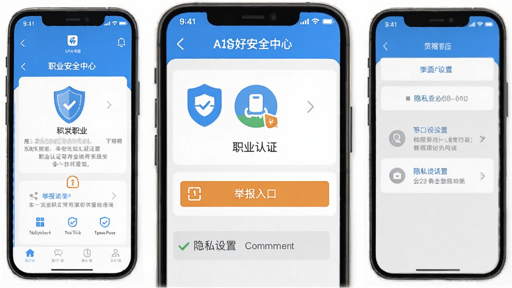 找好App安全中心页面手机界面,展示职业认证标识、举报入口与隐私设置选项,界面简洁,蓝白灰配色,扁平化设计,布局整齐,细节清晰,画质干净,无多余元素