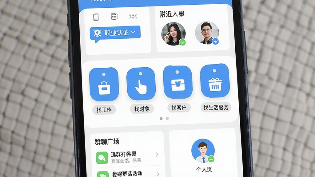 手机屏幕展示找好App首页界面,上方为职业认证标签与附近的人列表,中间为找工作、找对象、找客户、找生活服务四个功能入口图标,下方为群聊广场与个人主页模块,整体布局清晰,扁平化UI风格,蓝白配色,细节干净,画质清晰,无多余元素
